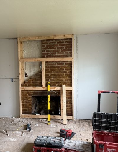 Wood-burning fireplace with roaring fire